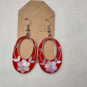 Handcrafted Alpaca Mexico Mother Of Pearl Red Mosaic Hook Earrings